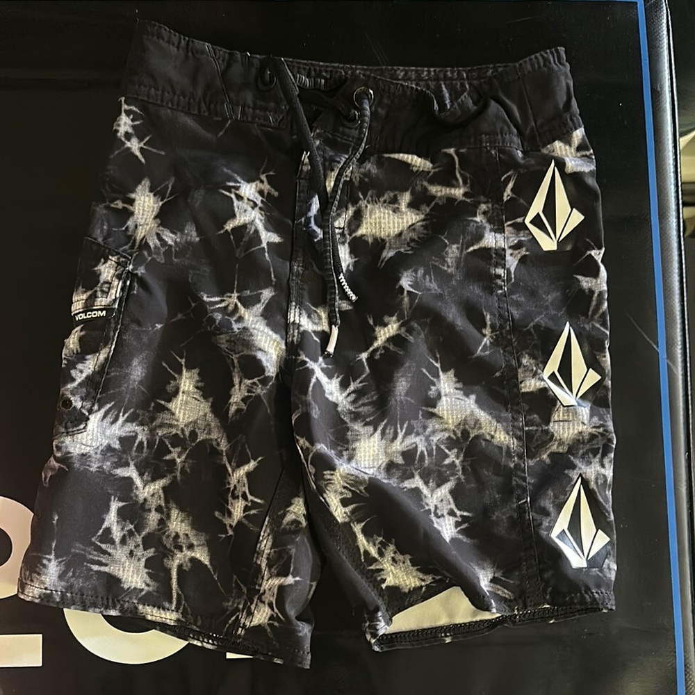 Volcom Black and White Board Shorts with Tie-Dye Pattern